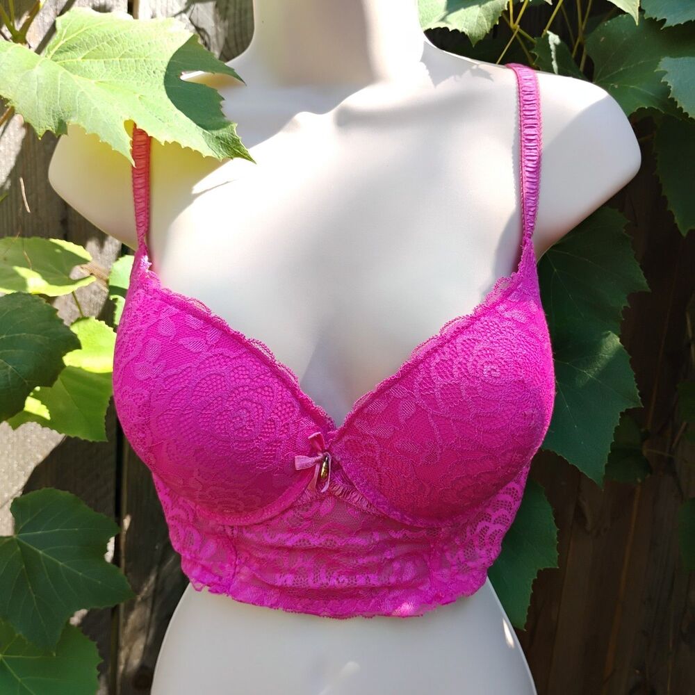 Daisy Fuentes Hot Pink Lace Longline Bra 38C Padded Underwire Push Up Bralette